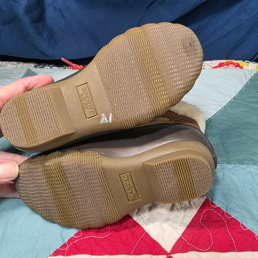 Sperry Saltwater Duck Boots Kids Size 10 Brown Tan Faux‎ Fur Waterproof Zip
